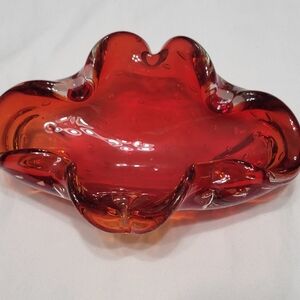 Vintage Red Orange Hand Blown Art Glass Ashtray Freeform Decorative ~7 Inch